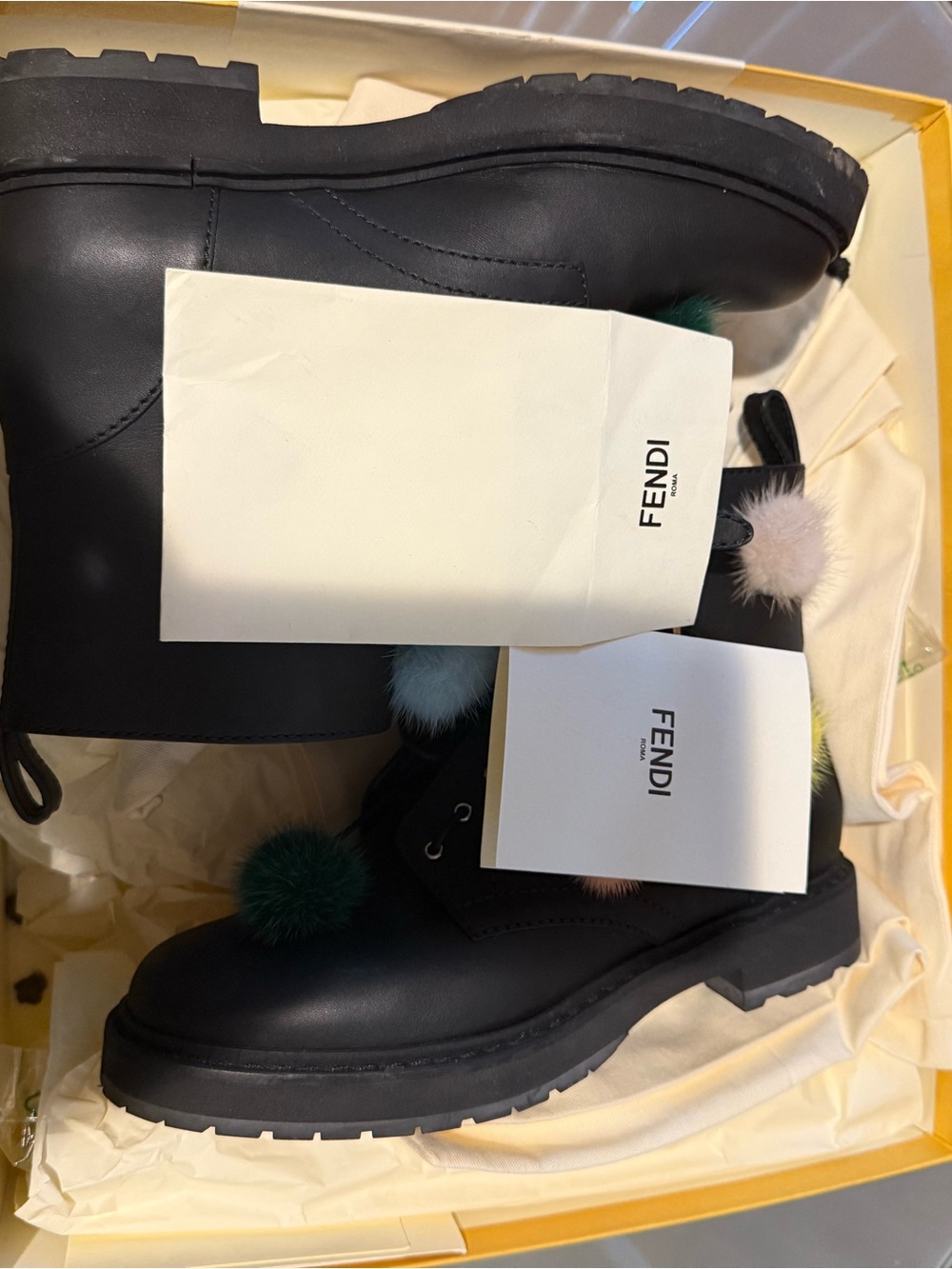 Fendi Black Leather Combat Boots with Blue, Peach and Green Pom-Poms - Picture 5 of 7